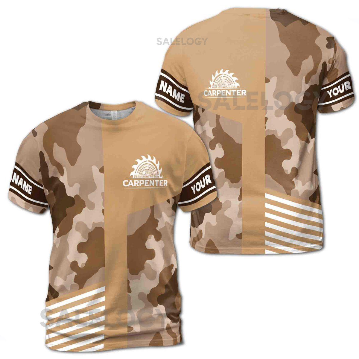 Customize Name Carpenter Saw Woodworking Industrial Art Camo Pattern Brown 3D T-Shirt S-5XL_123