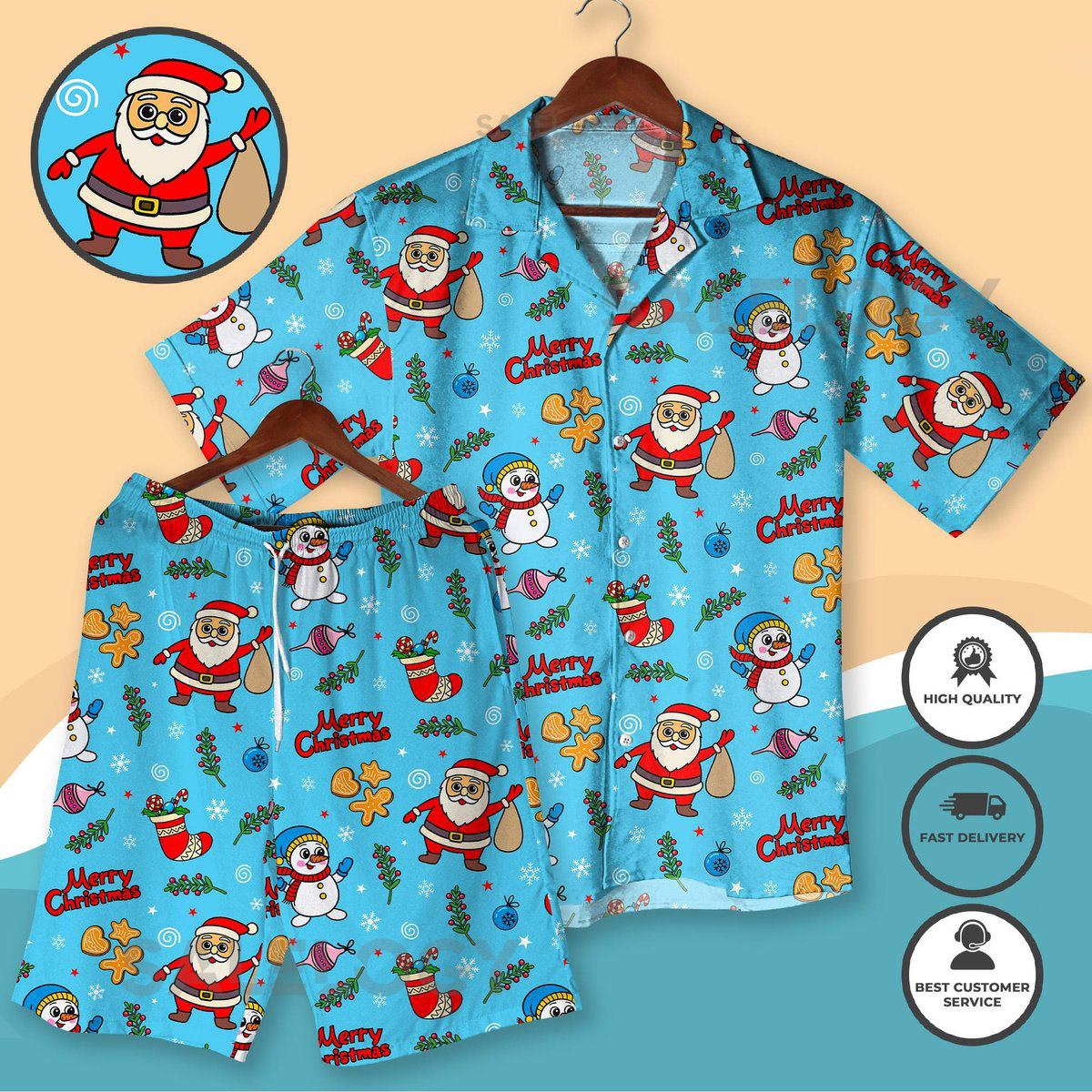 Santa Claus Christmas Hawaiian Shirt Set Funny Xmas Aloha Outfit with Festive Santa Snowman 3D Print Matching Family Holiday Vacation Shirt_226