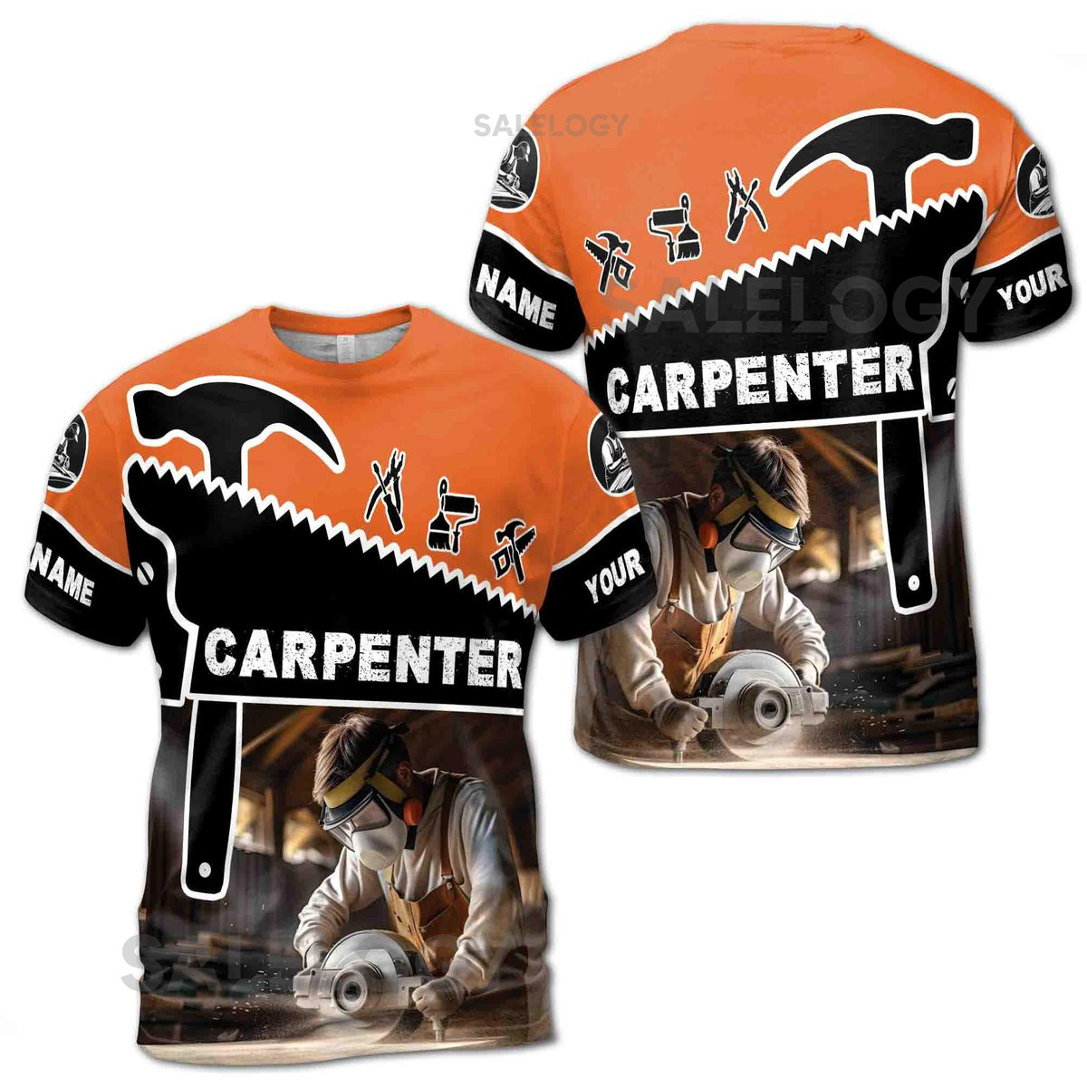 Custom Name Carpenter Tools Woodworking Saw Workbench Black Orange 3D T-Shirt S-5XL_30