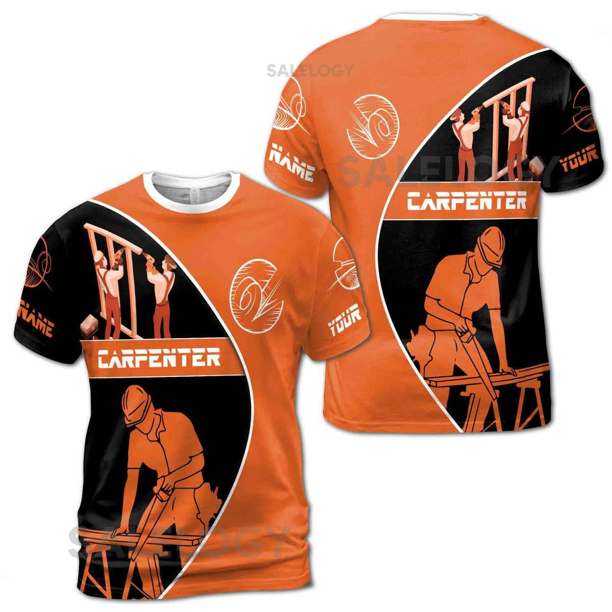 Customize Name Carpenter Woodworking Construction Pattern Black Orange 3D T-Shirt S-5XL_125