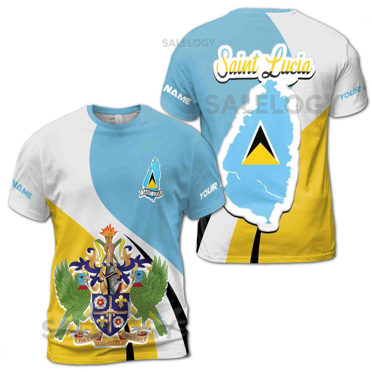 Customize Name Saint Lucia Flag The Land The People The Light Blue White Yellow 3D T-Shirt S-5XL_155