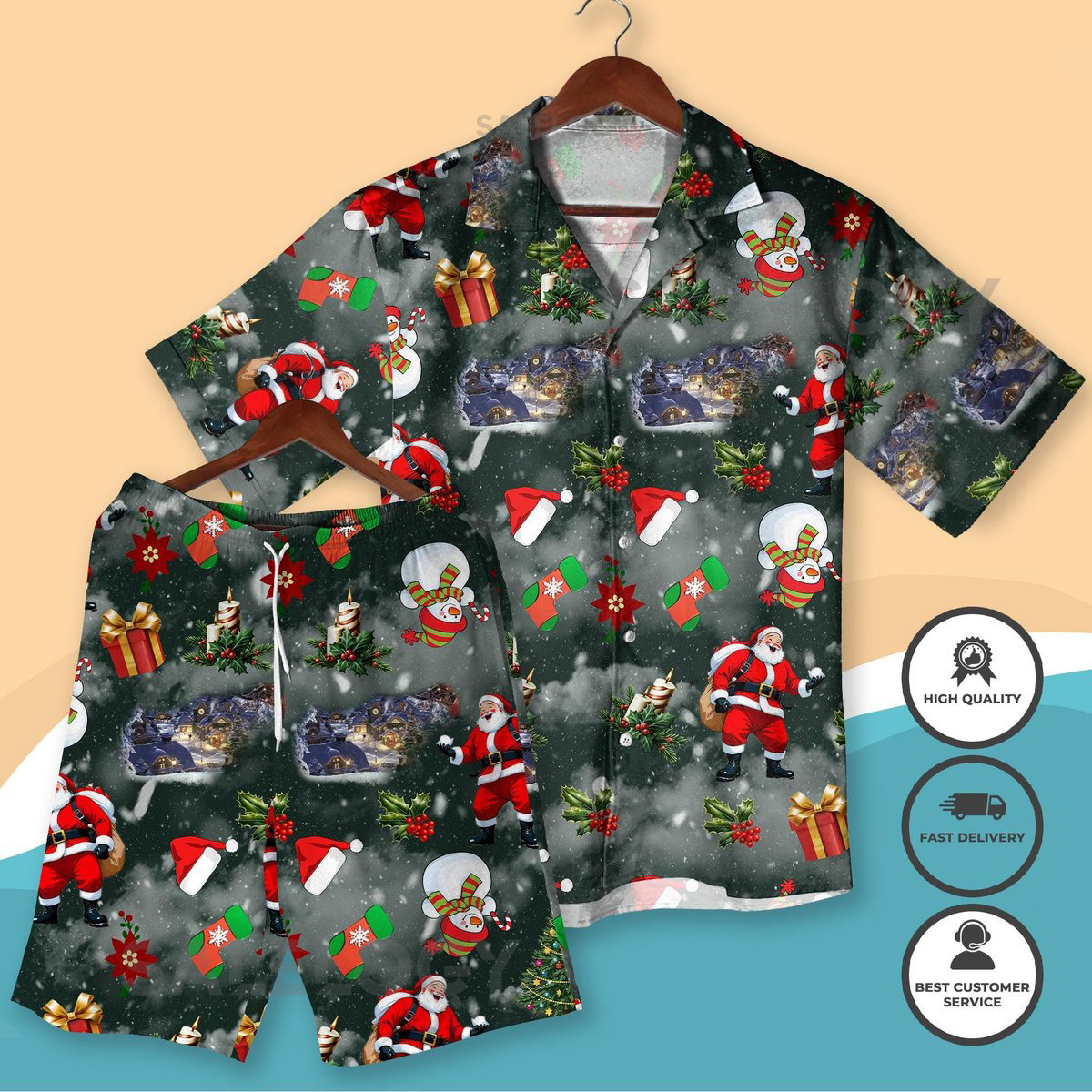 Santa Claus Christmas Hawaiian Shirt Funny Xmas Shirt Shorts Festive Santa Snowman 3D Print Holiday Outfit Matching Family Christmas Shirt_225