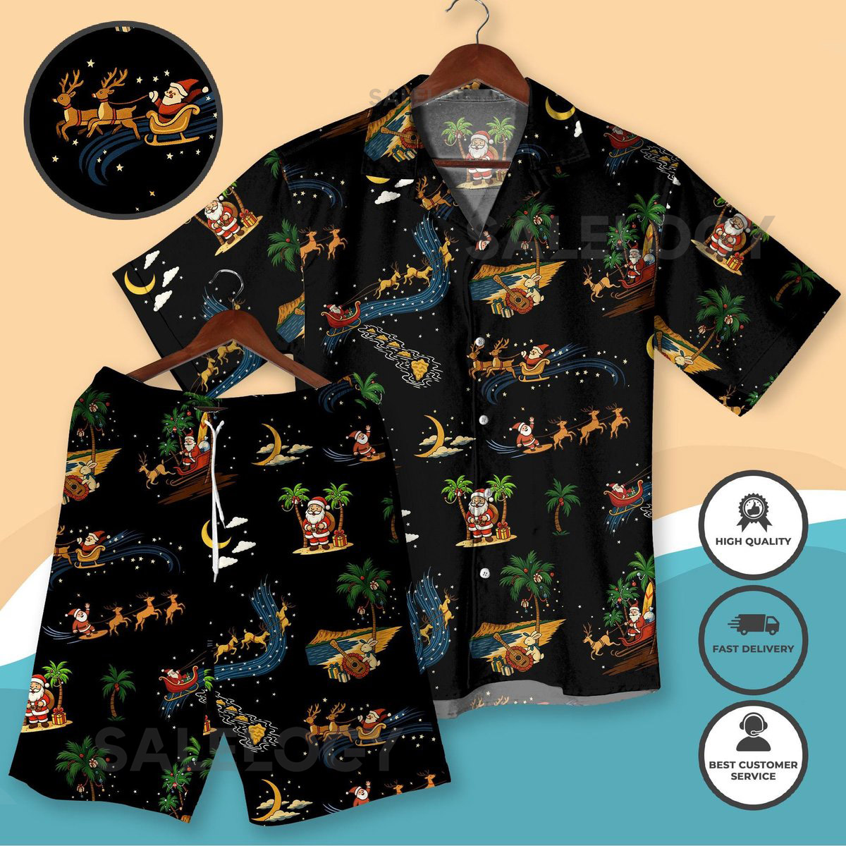 Tropical Santa Hawaiian Shirt Funny Christmas Beach Outfit Santa Sleigh Palm Tree Shirt Festive Holiday Vacation Xmas Shirt for Men Women_285