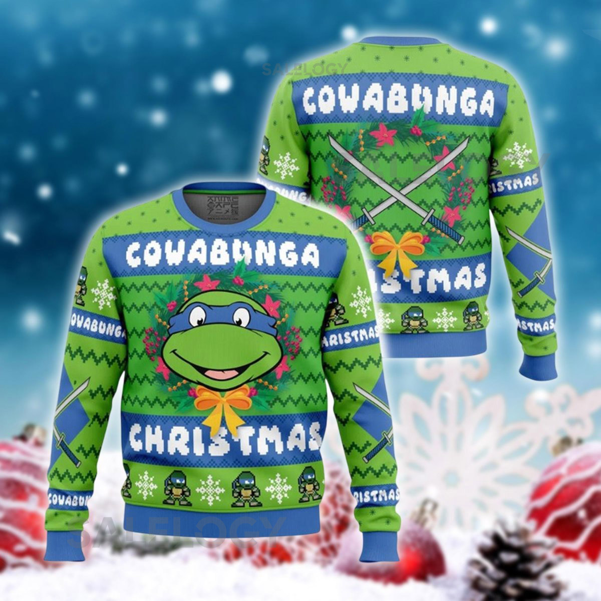 Blue Green Cartoon Jumper Funny Holiday Pullover Unisex Xmas Knitwear Ugly Christmas Sweater Retro Festive Sweater Party