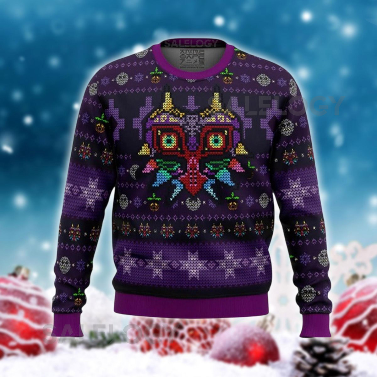 Pixel Mask Holiday Jumper Purple Retro Knitwear Unisex Xmas Pullover Gamer Style Sweater Ugly Christmas Sweater Festive Nerdy