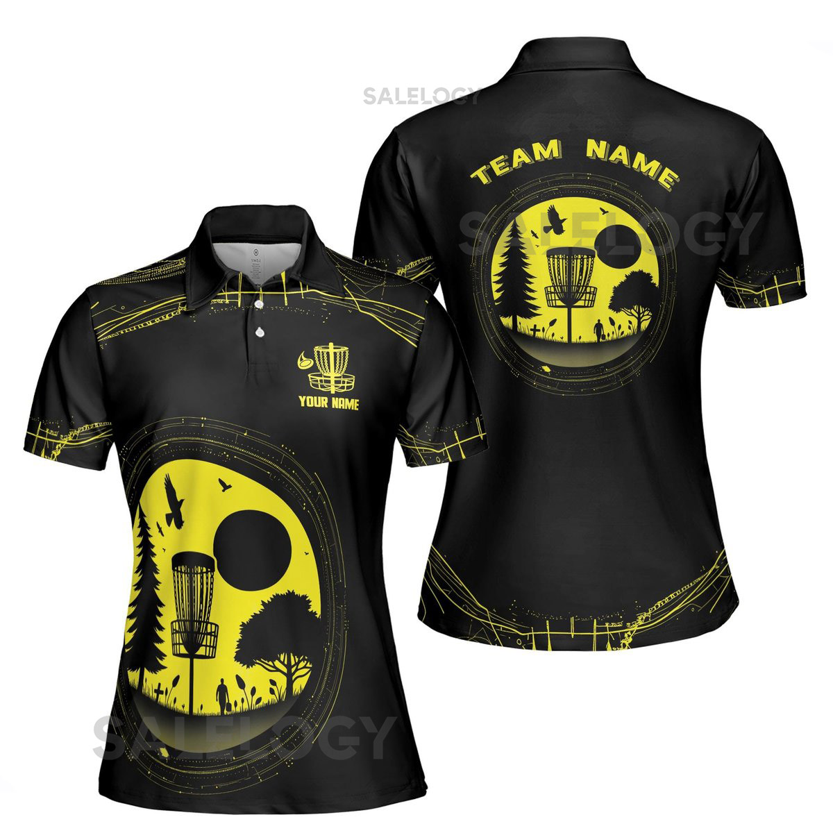 Customize Team Name Disc Golf Sport Landscape Black Yellow Women39s Polo Shirt S-5XL_385