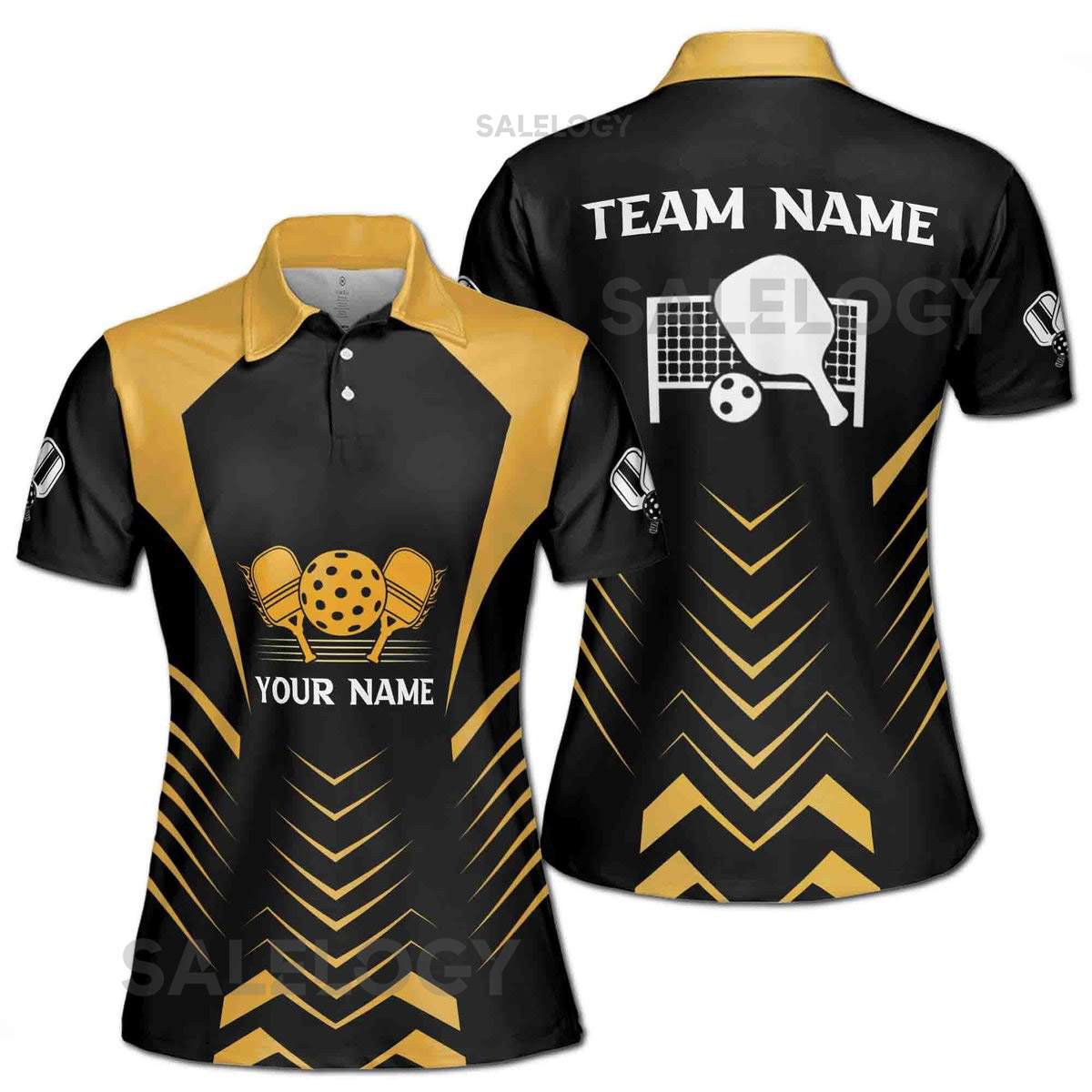 Customize Team Name Pickleball Net Black Gold Women's Polo Shirt S-5XL_393