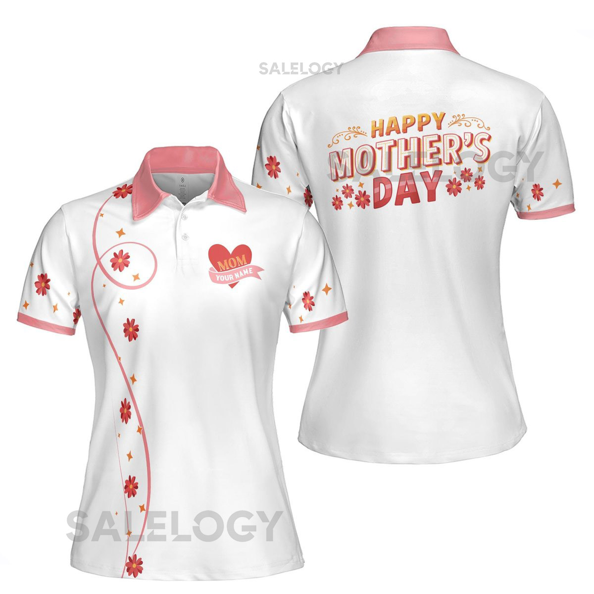 Customize Name Mom Heart Flowers Stars Maternal Love White Women39s Polo Shirt S-5XL_330