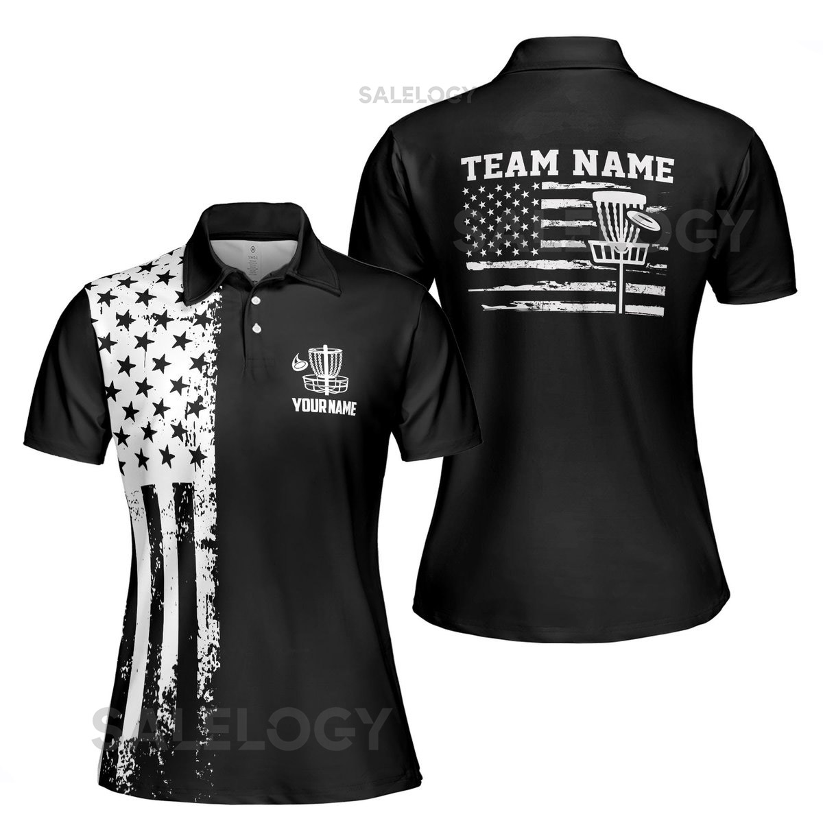 Customize Team Name Disc Golf American Flag Black White Women39s Polo Shirt S-5XL_382