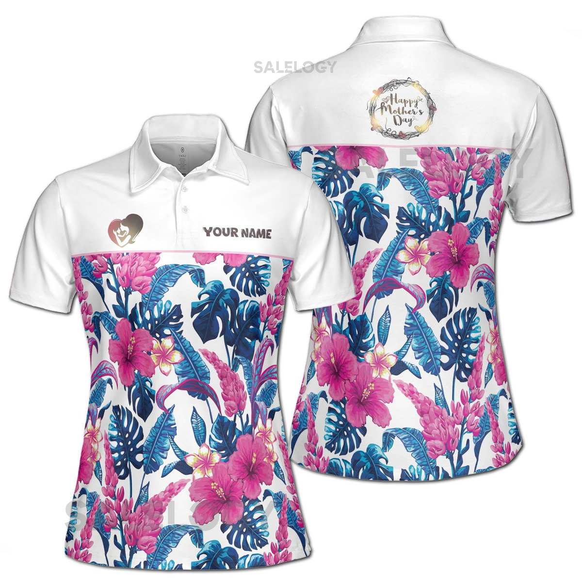 Customize Name Mom Baby Hearts Floral Pattern White Women39s Polo Shirt S-5XL_325