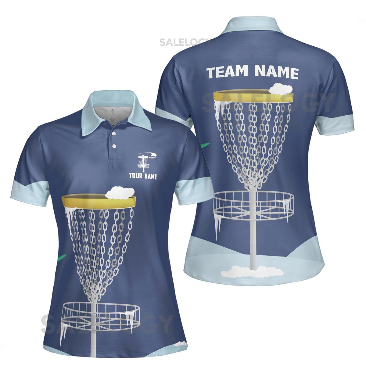 Customize Team Name Disc Golf Sport Snow Cloud Design Blue Women's Polo Shirt S-5XL_387