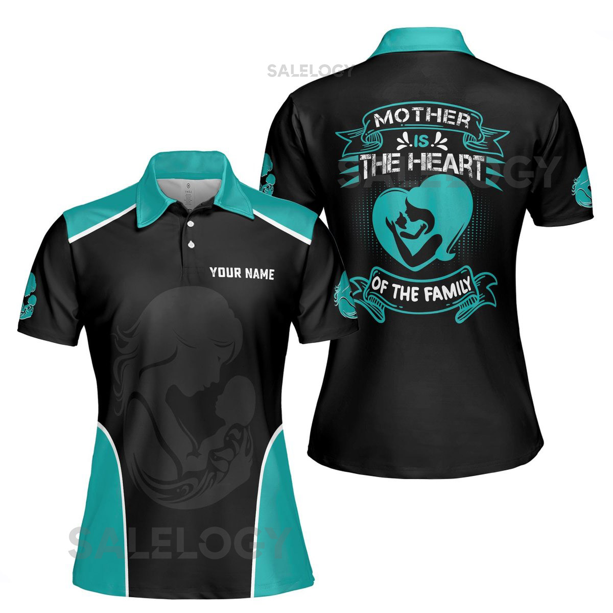 Custom 39Mother is the Heart39 Polo Shirt - Teal Black Women39s Fit_16