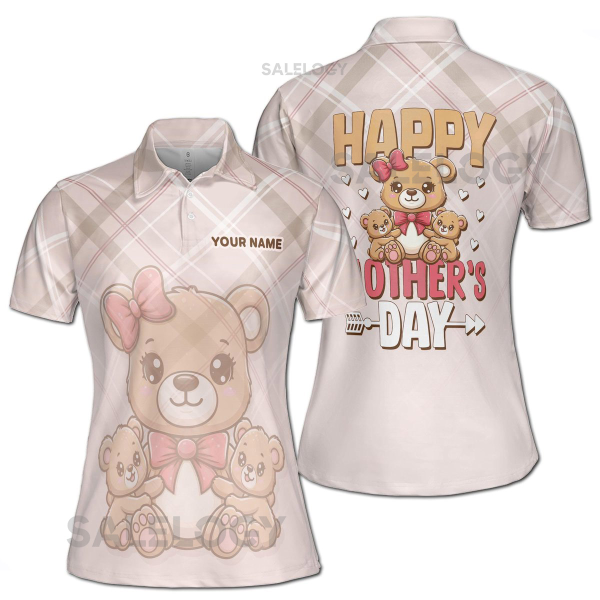 Personalized Mother's Day Bear Polo Shirt Mama and Cubs Design_565
