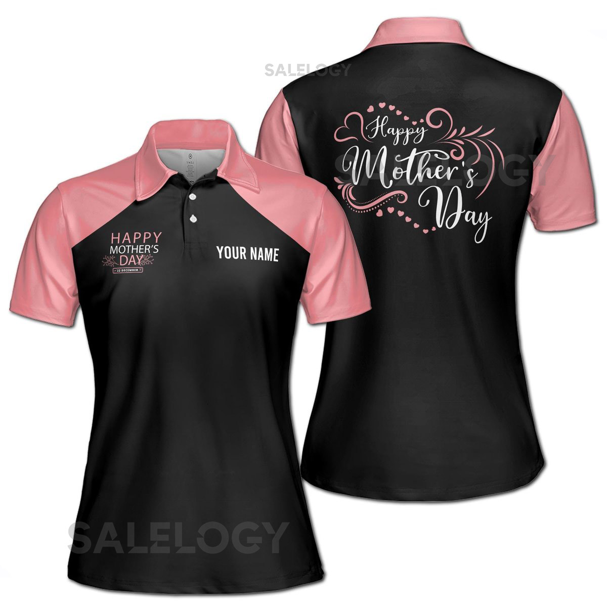 Customize Name Happy Mother Hearts Leaves Pattern Black Pink Women39s Polo Shirt S-5XL_296