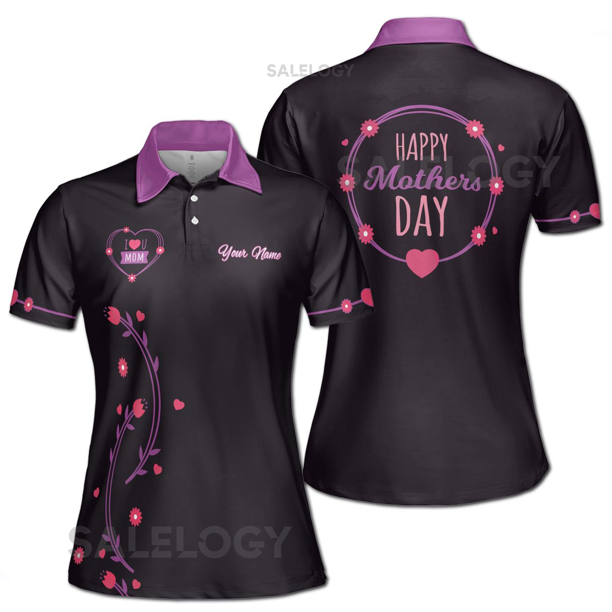 Customize Name Mom Quote Hearts Floral Pattern Black Purple Women39s Polo Shirt S-5XL_338