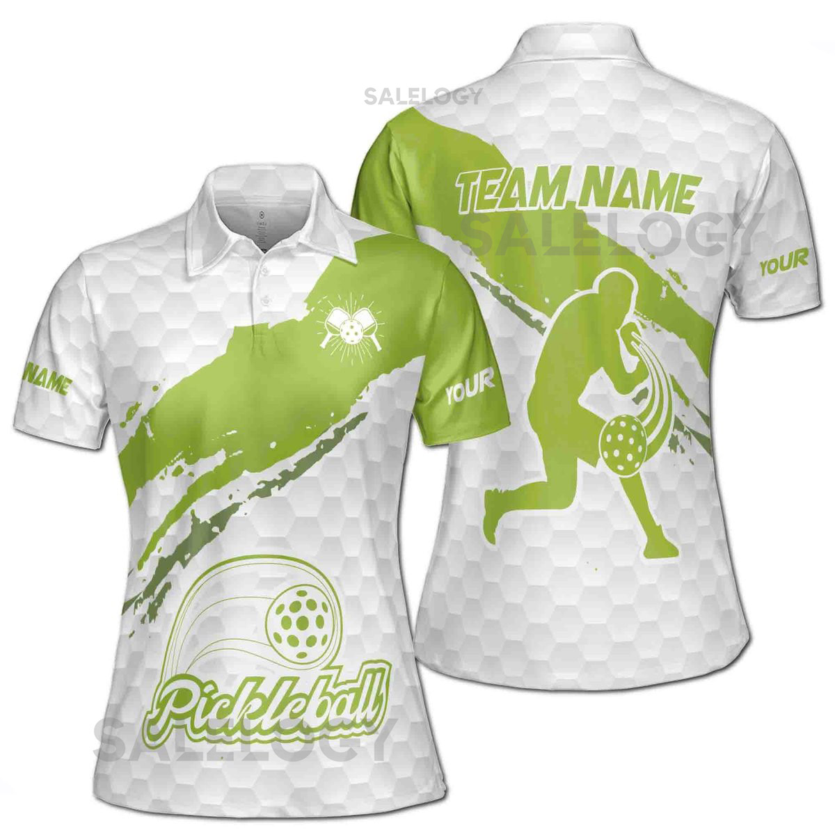 Customize Team Name Pickleball Player Paddle Green White Print Women's Polo Shirt S-5XL_398