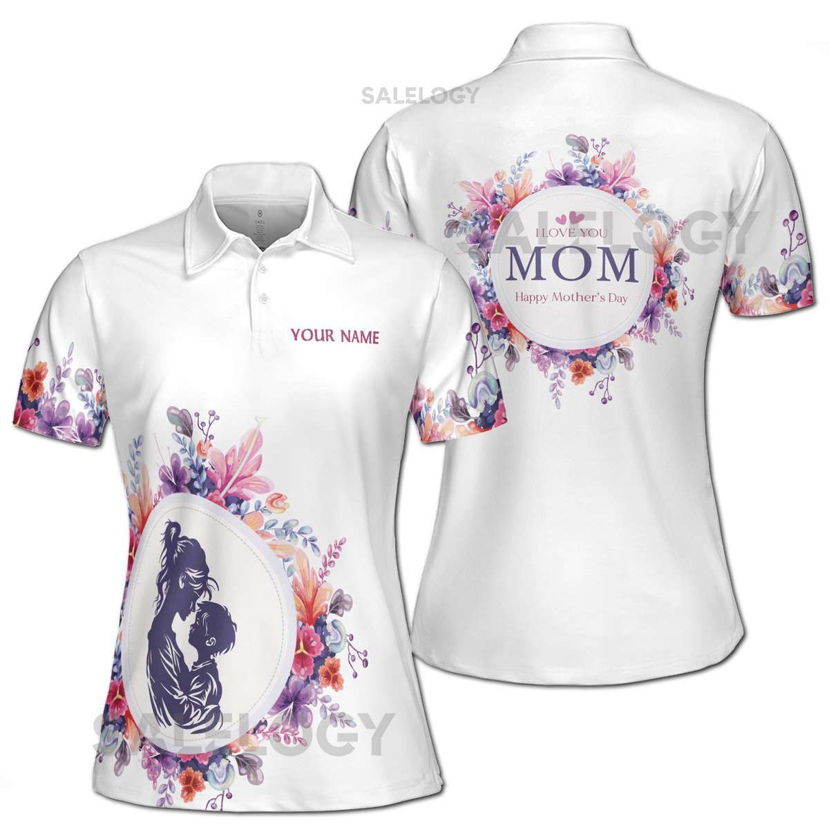 Customize Name Mother Child I Love You Mom Floral White Women39s Polo Shirt S-5XL_345