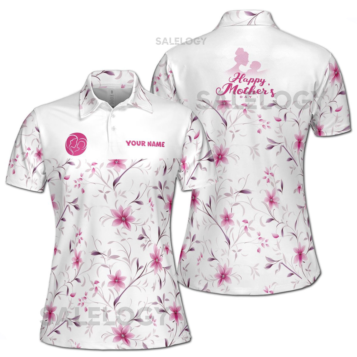 Customize Name Mom And Baby Floral Pattern White Pink Women39s Polo Shirt S-5XL_317