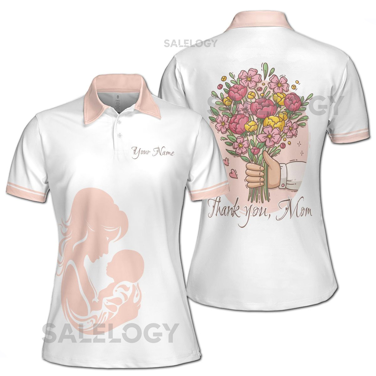Customize Name Mom Quote Thank You Mom Flower Bouquet White Women39s Polo Shirt S-5XL_341