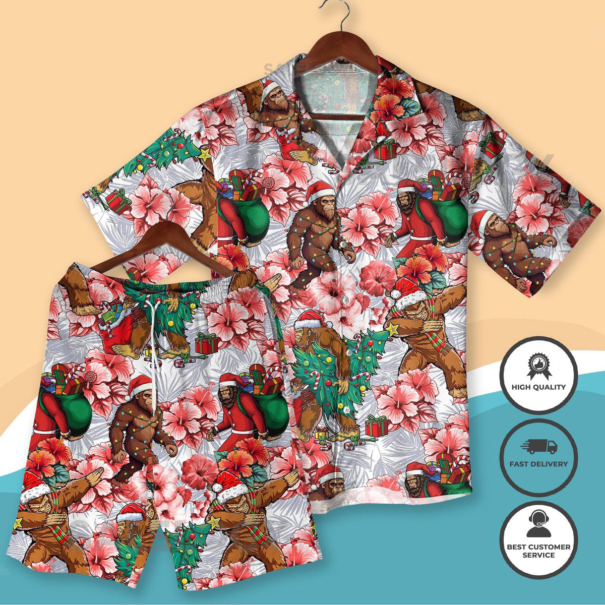Bigfoot Christmas Hawaiian Shirt and Shorts- Funny Sasquatch Xmas Outfit - Ugly Christmas Alternative - Matching Holiday Apparel Xmas Gift_3