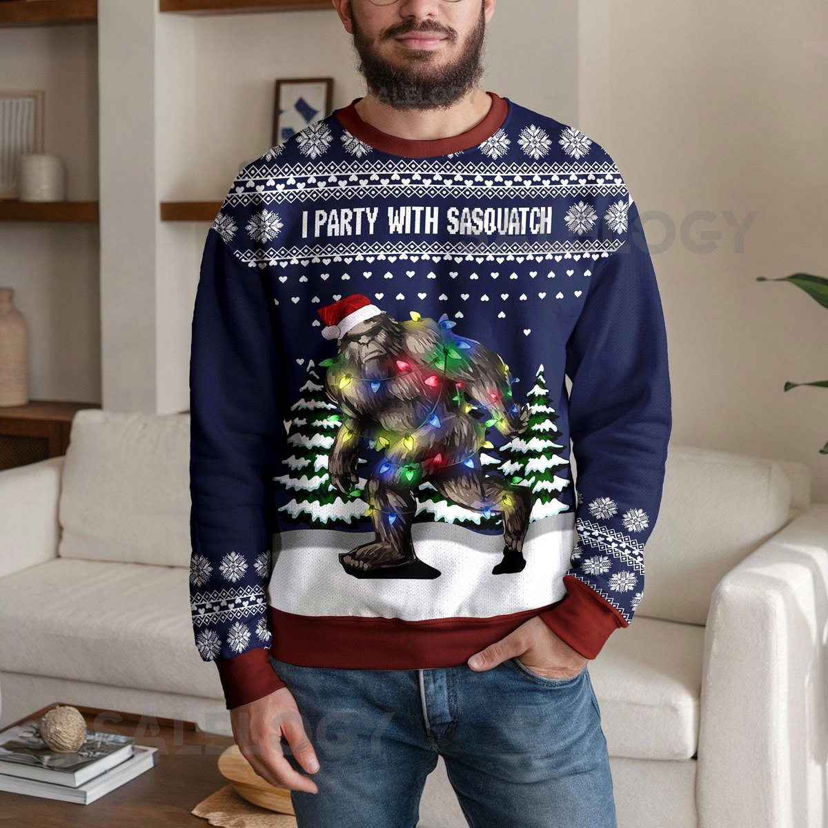I Party With Sasquatch Christmas Ugly Sweater Funny Bigfoot Ugly Christmas Sweatshirt Holiday Lights Ugly Sweater