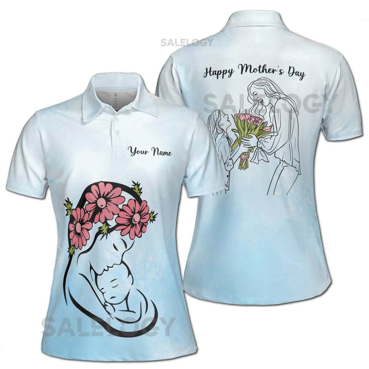 Customize Name Mother Child Flower Bouquet Pattern Blue Women39s Polo Shirt S-5XL_344