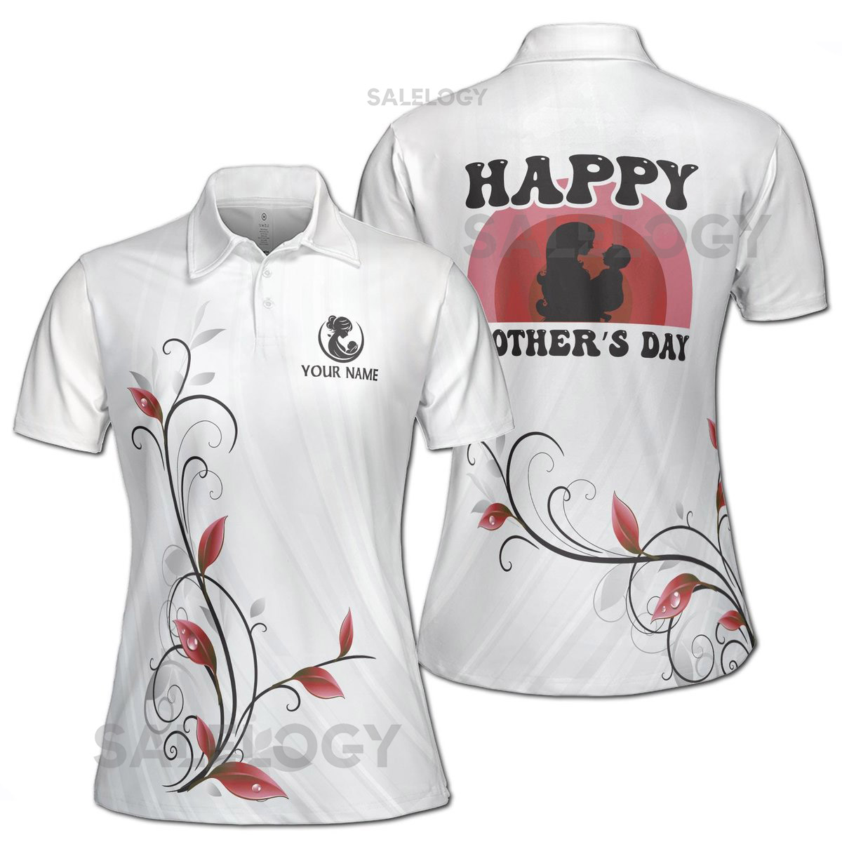 Customize Name Mom and Baby Floral Pattern White Red Women39s Polo Shirt S-5XL_318