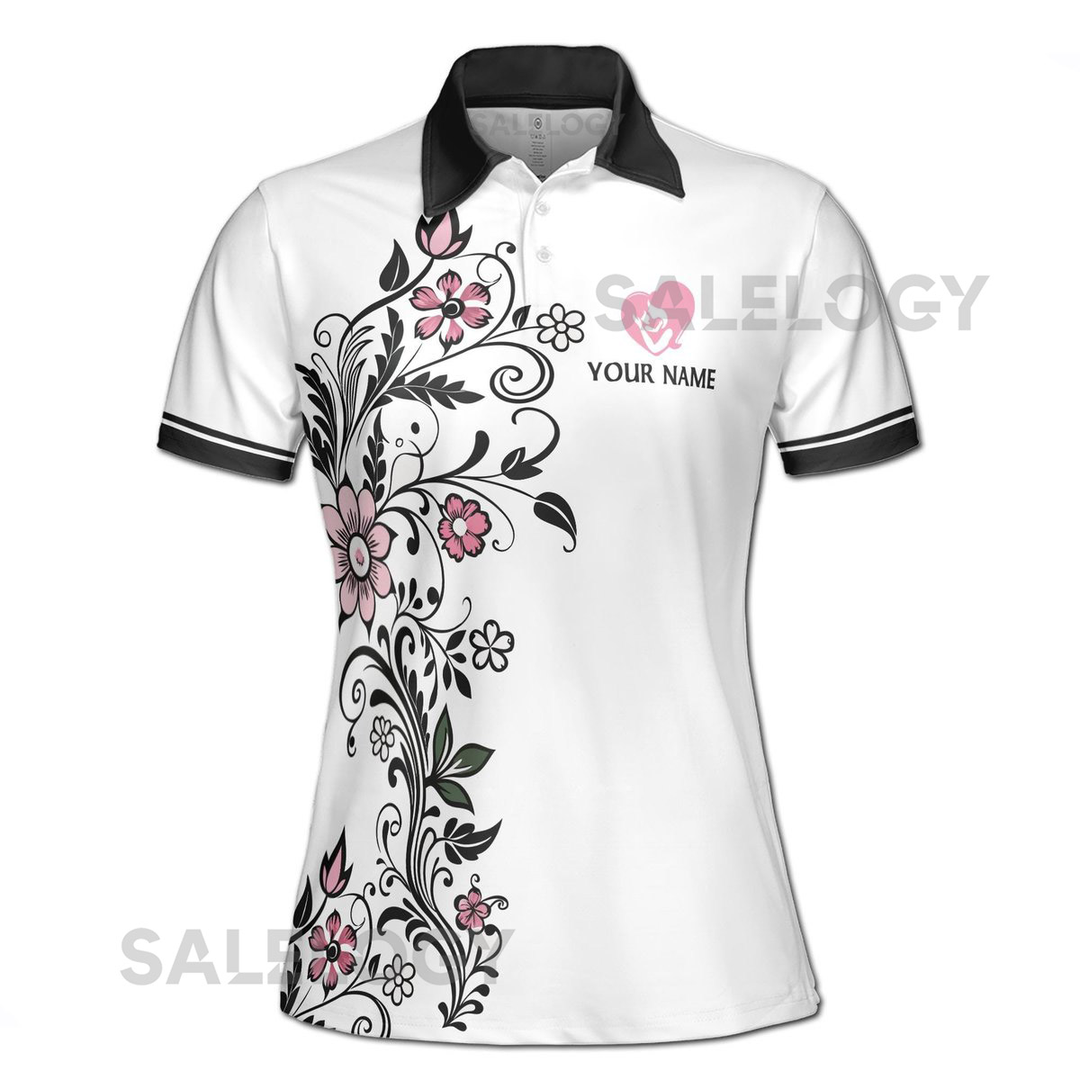 Customize Name Mom And Baby Floral Pattern Black White Women39s Polo Shirt S-5XL_316