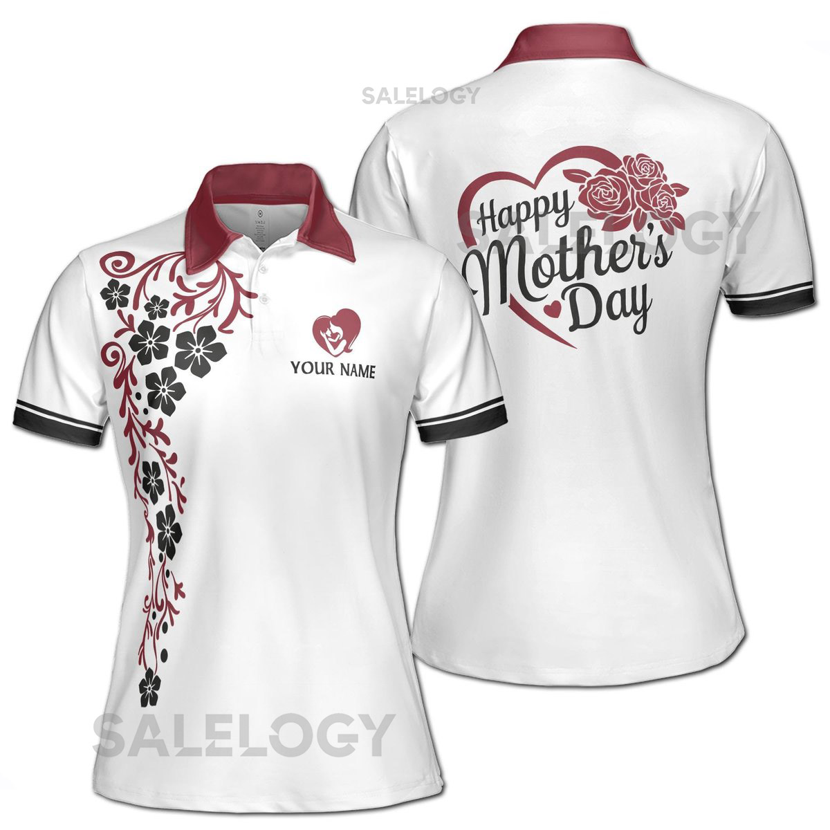 Customize Name Mom And Baby Floral Cascade Pattern White Women39s Polo Shirt S-5XL_315