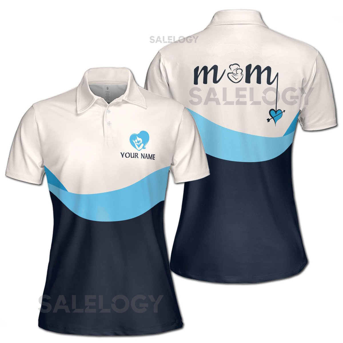 Customize Name Mom And Baby Hearts Arrow Blue White Women39s Polo Shirt S-5XL_319