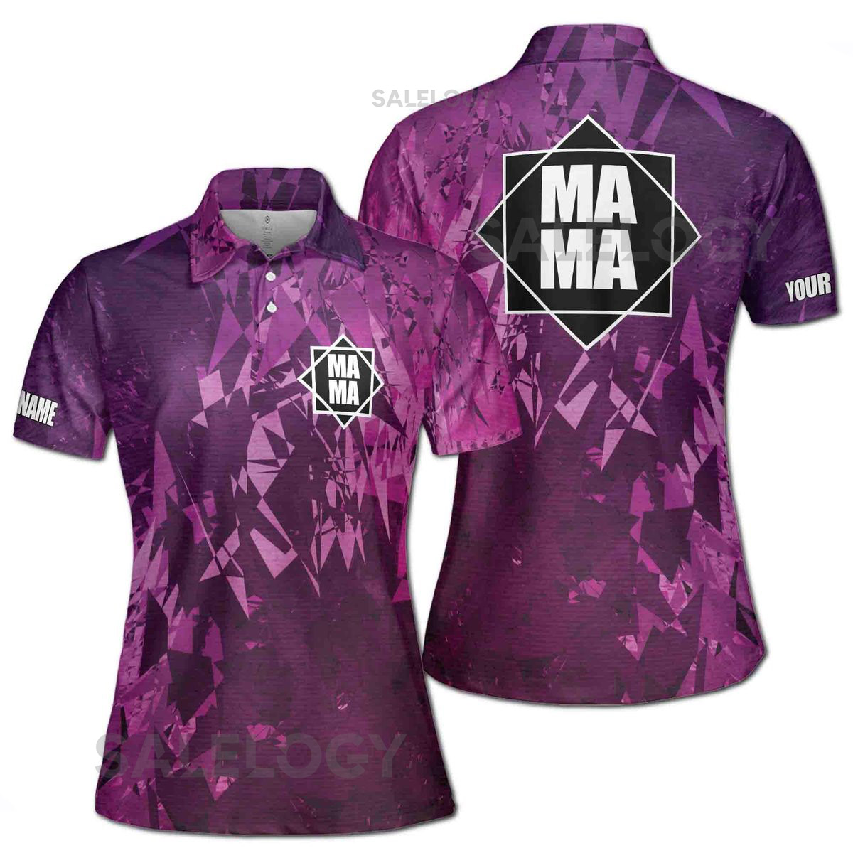 Customize Name Mama Abstract Geometric Pattern Purple Women39s Polo Shirt S-5XL_306