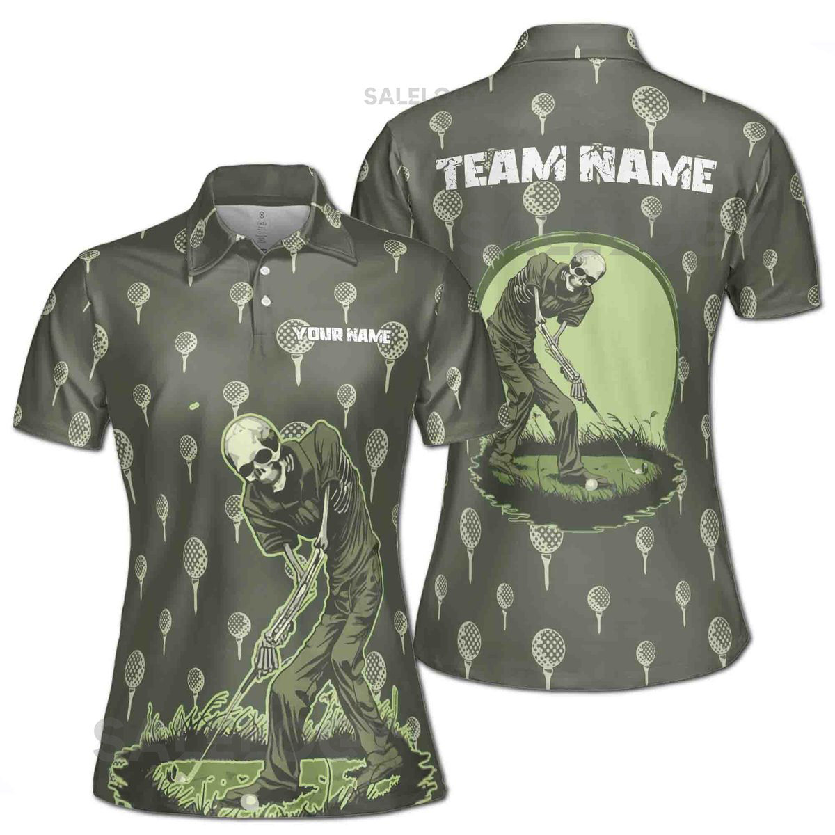 Customize Team Name Golf Skeleton Playing Golf Green Women's Polo Shirt S-5X_392