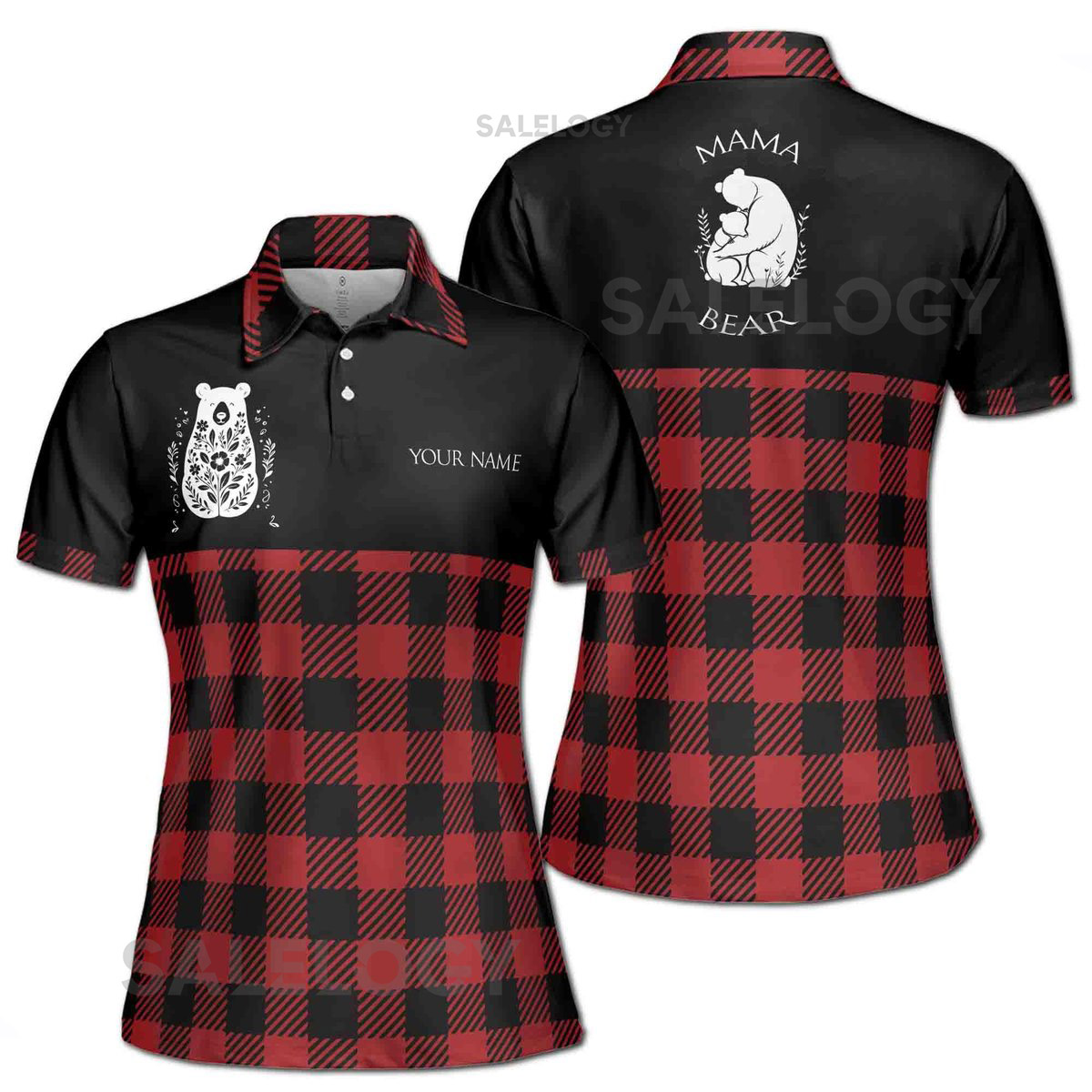 Customize Name Mama Bear Plaid Pattern Black Red Women39s Polo Shirt S-5XL_308