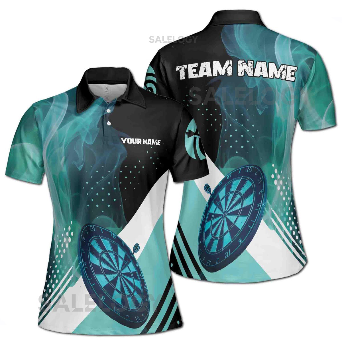 Customize Team Name Darts Teal Smoke Vibe Black Blue Women39s Polo Shirt S-5XL_381