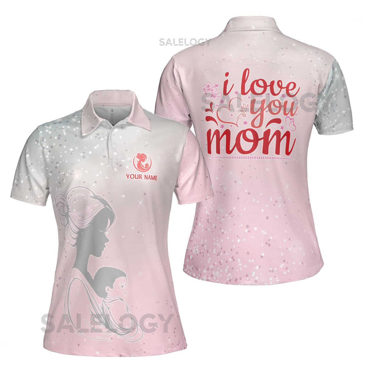 Personalized 39I Love You Mom39 Polo Shirt Pink Floral Star Design_526