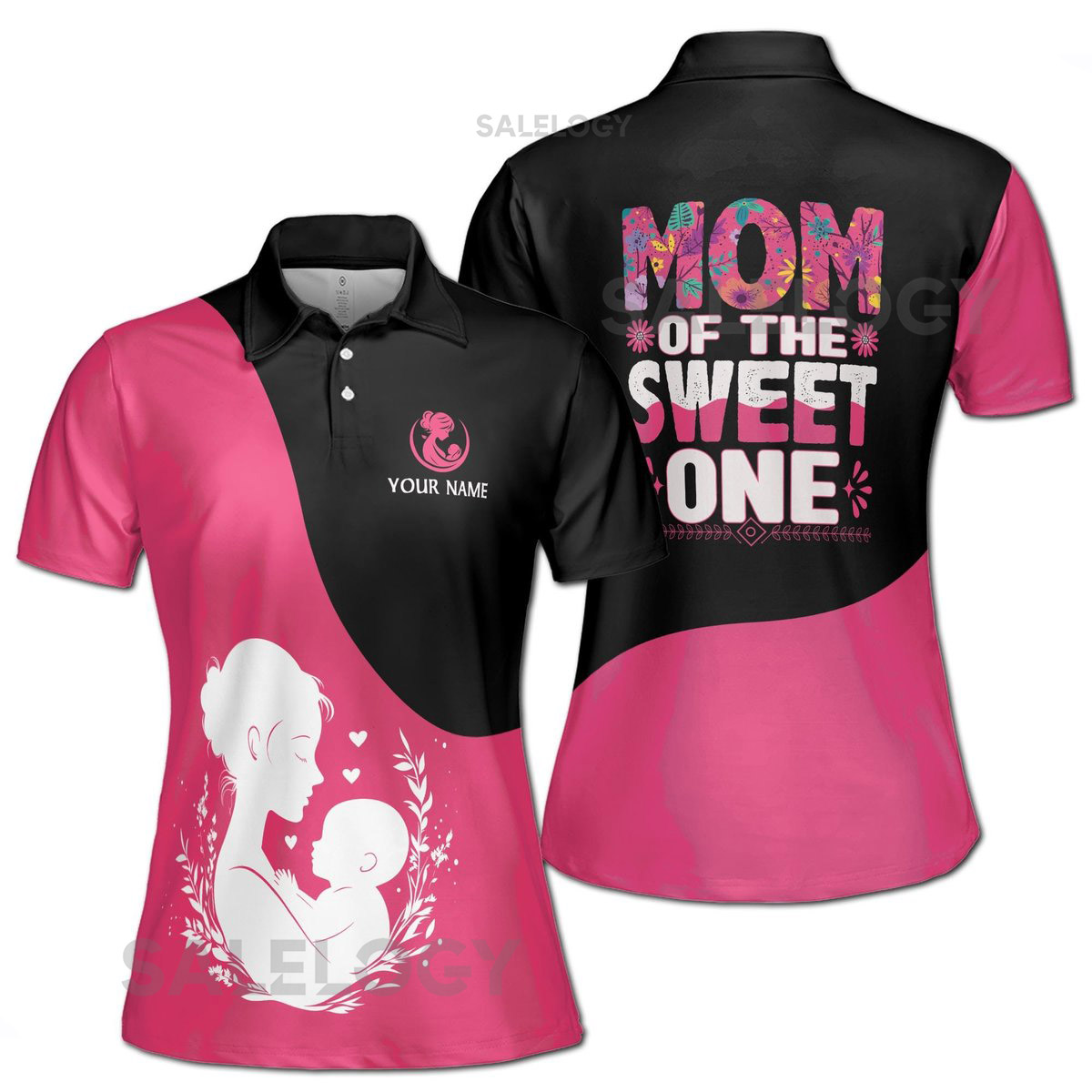Customize Name Mom of The Sweet One Floral Pattern Black Pink Women39s Polo Shirt S-5XL_335