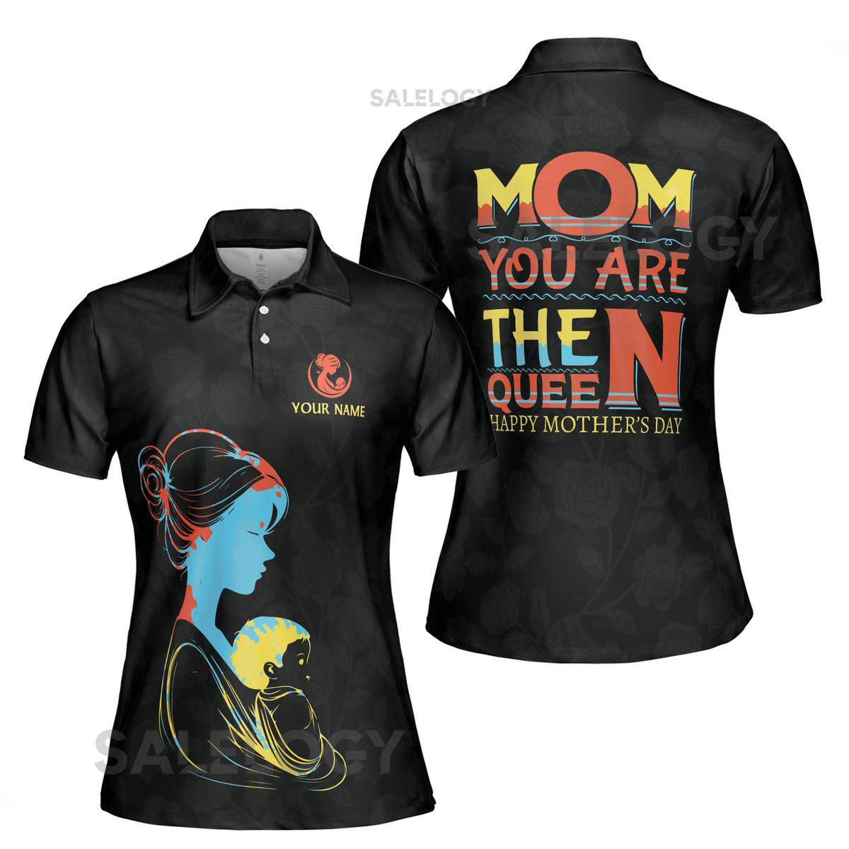 Customize Name Mom You Are The Queen Baby Floral Pattern Black Women39s Polo Shirt S-5XL_342