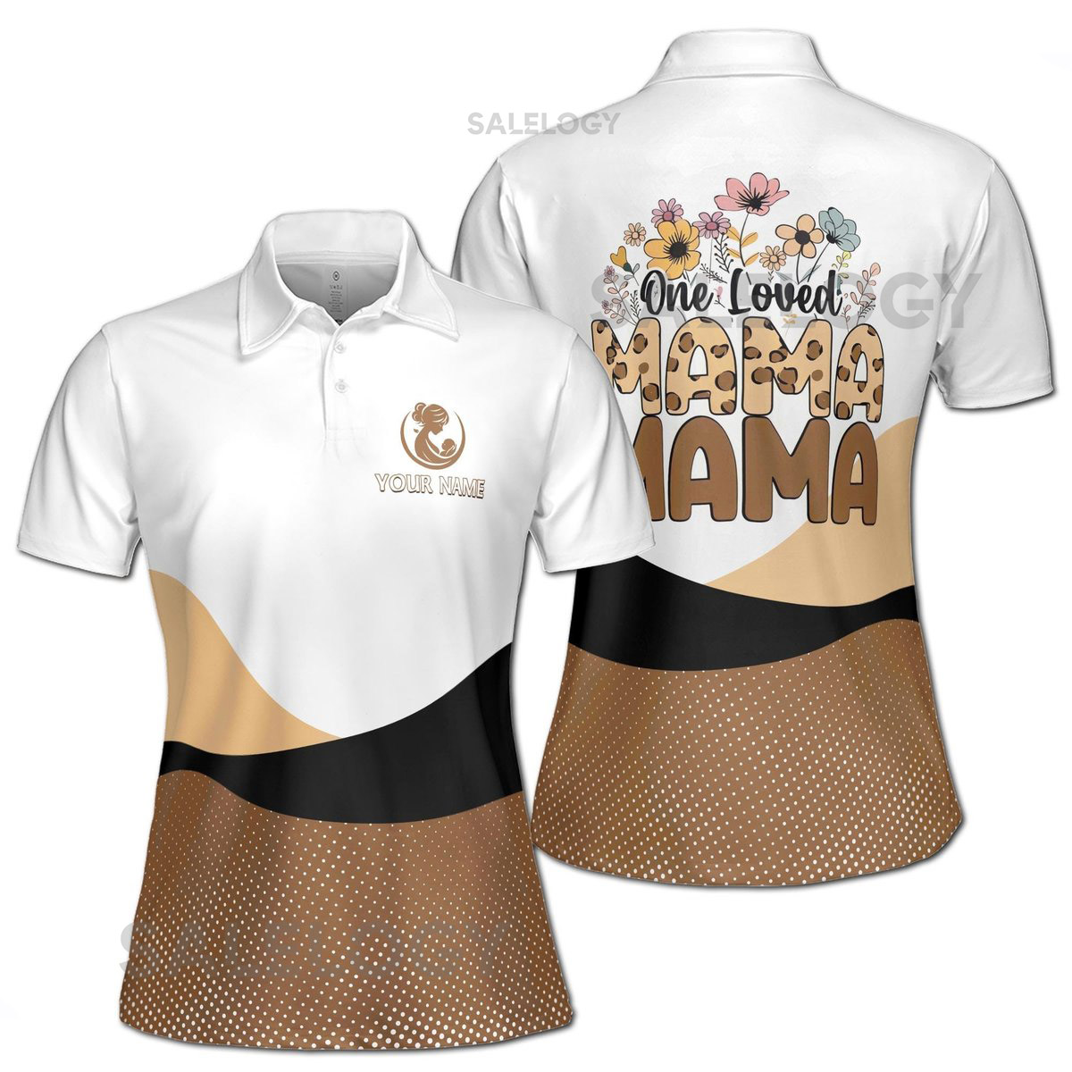 Customize Name One Loved Mama Floral Dots Pattern White Brown Women39s Polo Shirt S-5XL_353