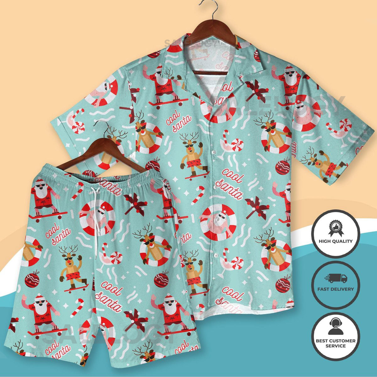 Festive Santa Hawaiian Shirt Shorts Christmas Aloha Outfit Funny Reindeer Vacation Beach Wear Holiday Gift for Men Women Christmas Gifts_69