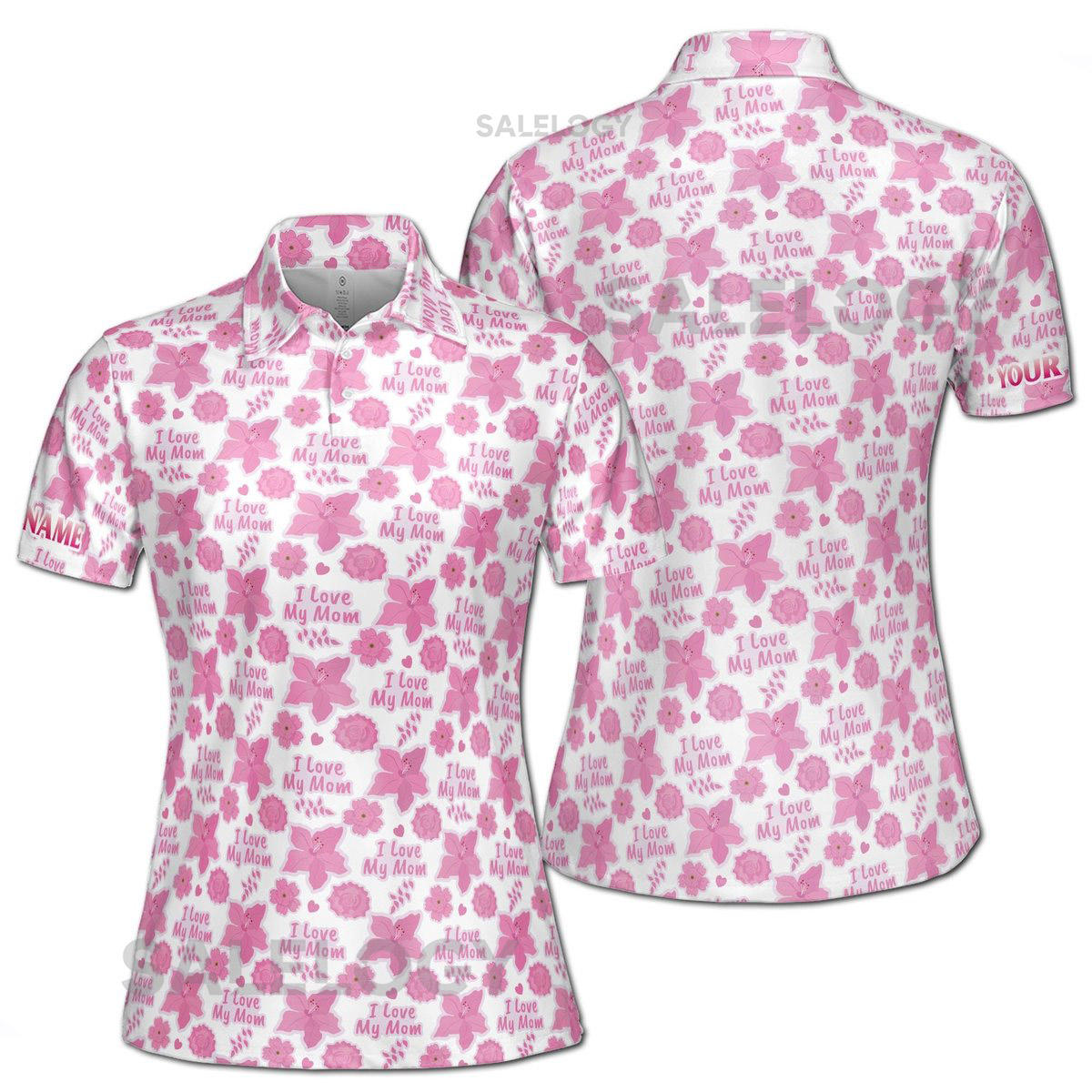 Customize Name Love Mom Floral Heart Leaves Pattern White Pink Women39s Polo Shirt S-5XL_304