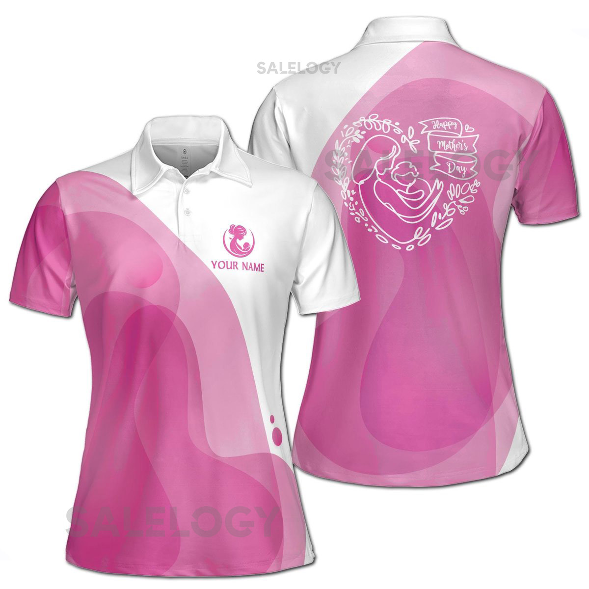 Customize Name Happy Mom Baby Branches White Pink Women39s Polo Shirt S-5XL_292