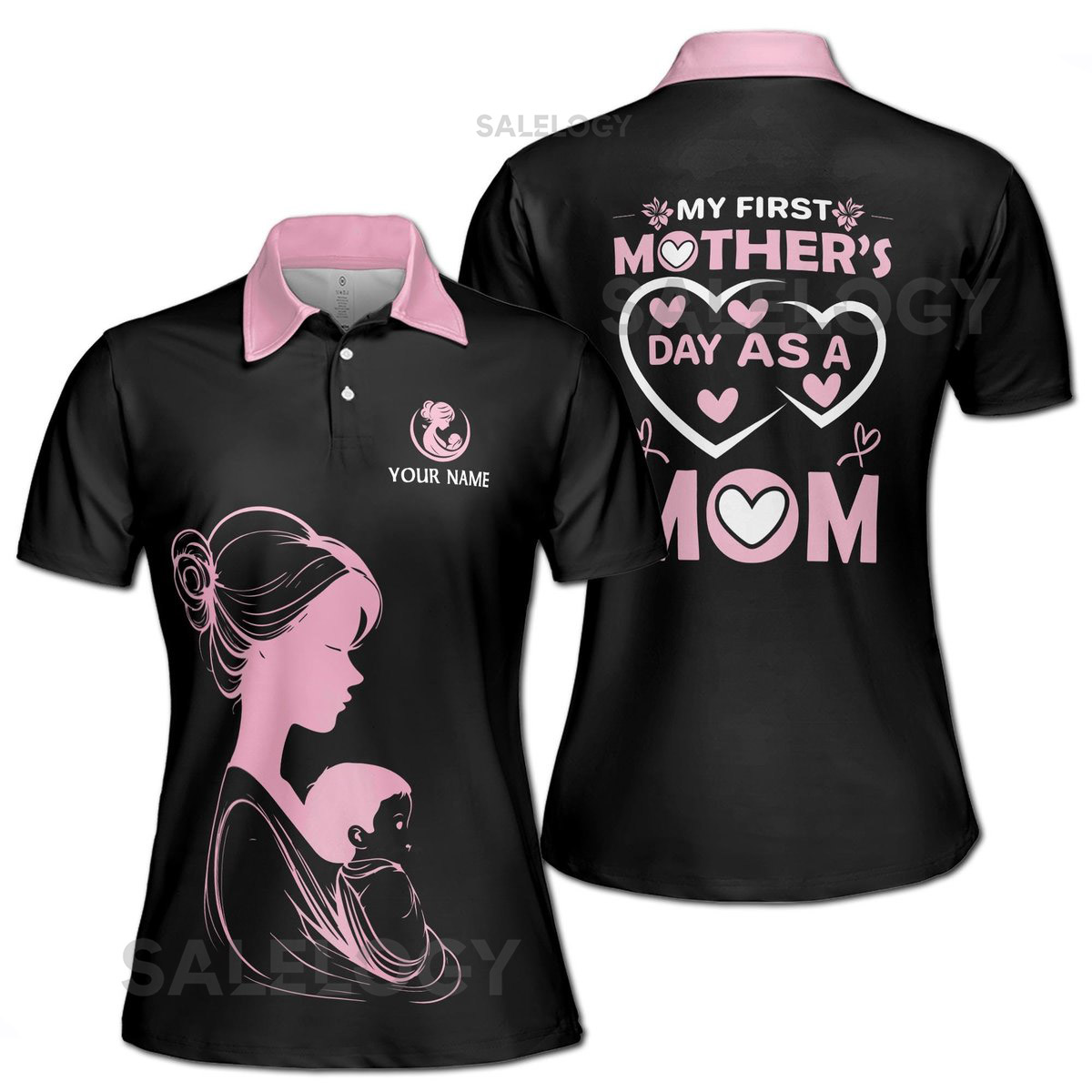 Customize Name My First Day As A Mom Heart Black Women39s Polo Shirt S-5XL_349