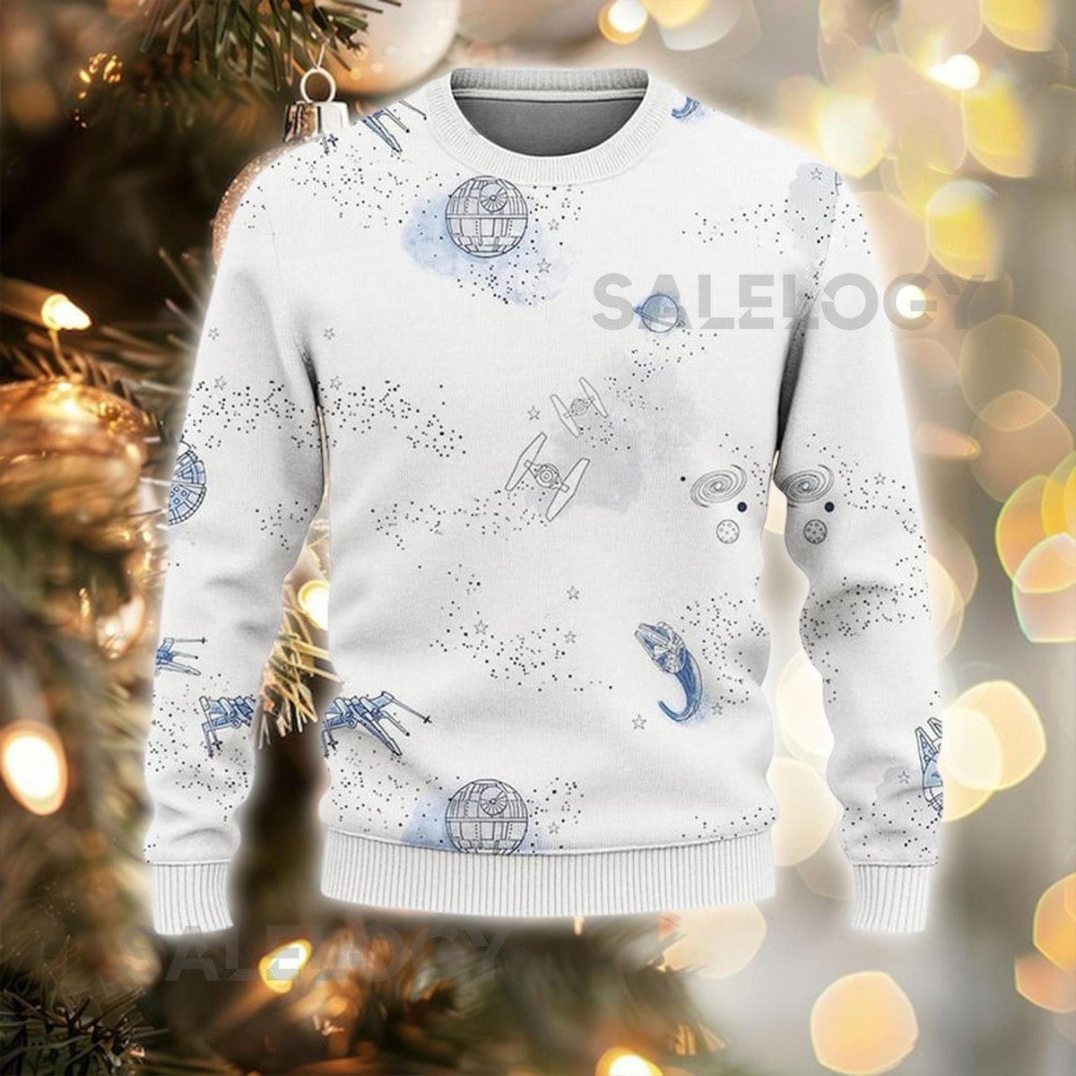 Space Warship Pattern Ugly Christmas Sweater Sci-Fi Galaxy Xmas Jumper Spaceship Holiday Sweatshirt For Fan