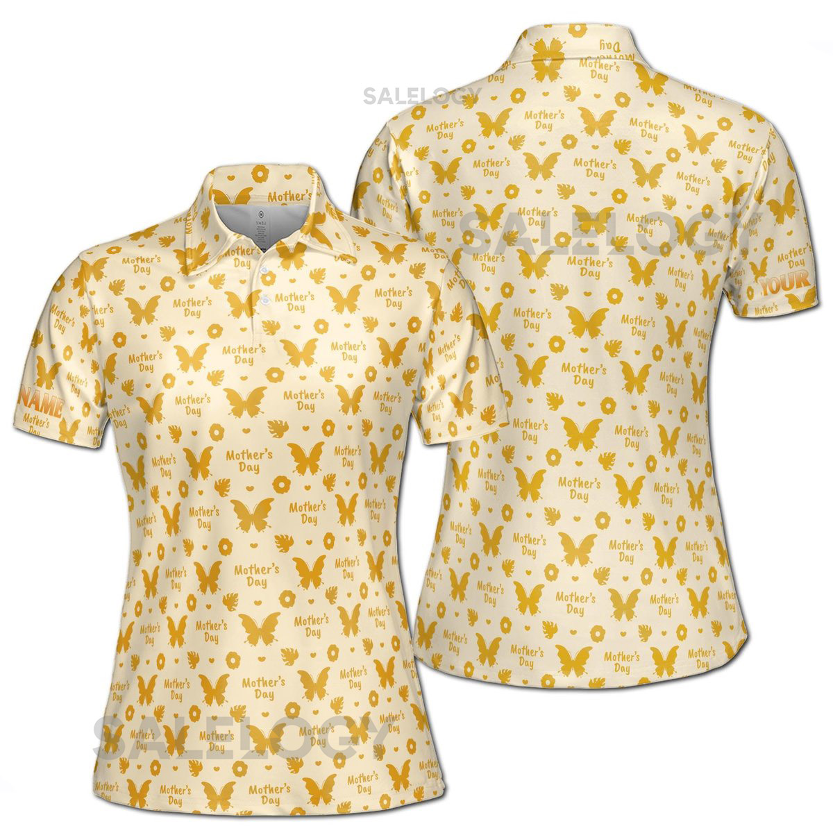 Customize Name Mom Floral Heart Leaves Butterflies Pattern Yellow Women39s Polo Shirt S-5XL_328