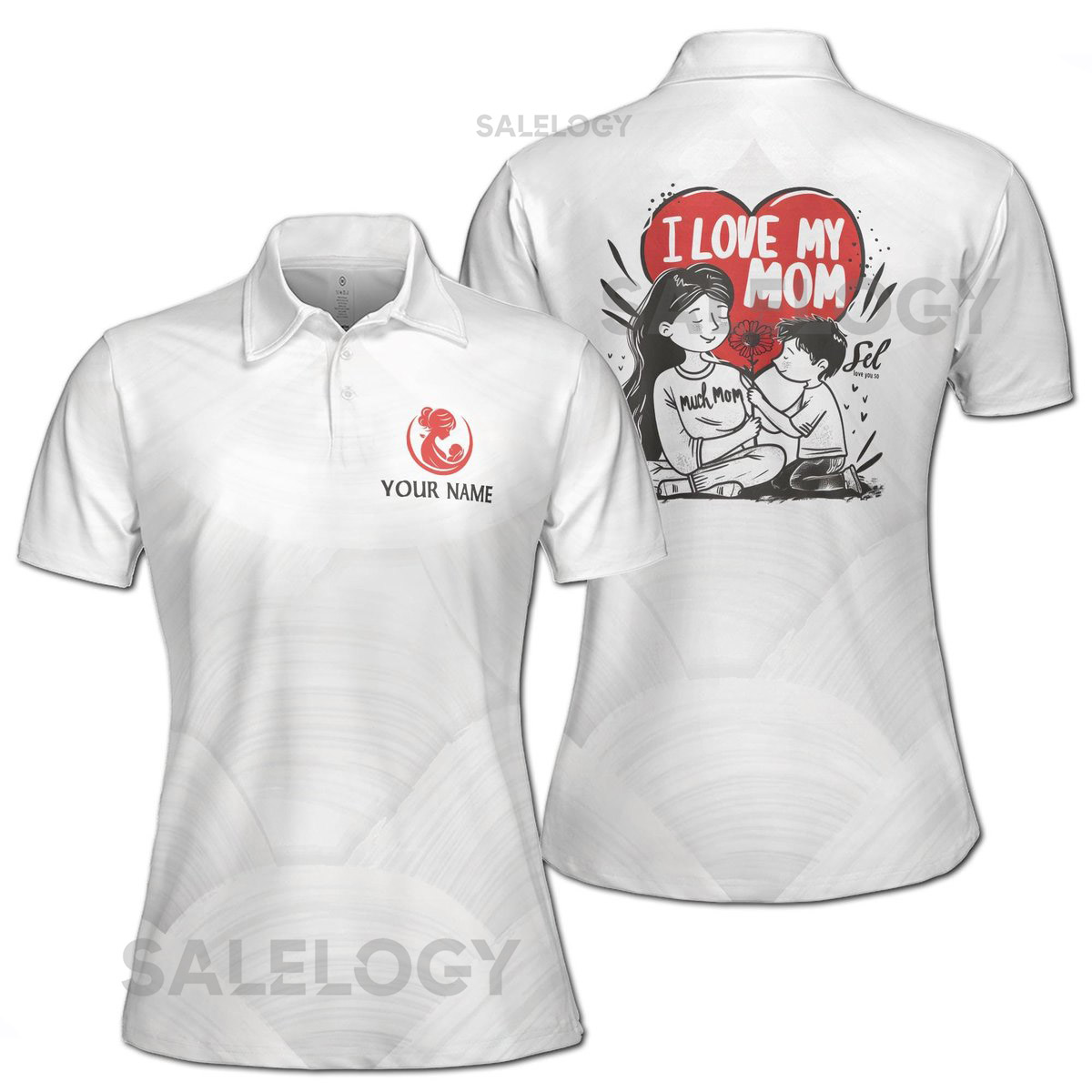 Customize Name I Love My Mom Floral Disc Pattern White Women39s Polo Shirt S-5XL_299