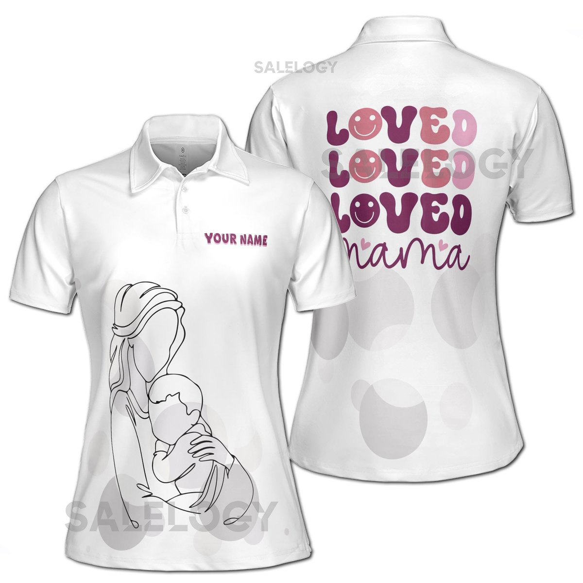 Customize Name Loved Mama Baby Heart Sketch White Women39s Polo Shirt S-5XL_305
