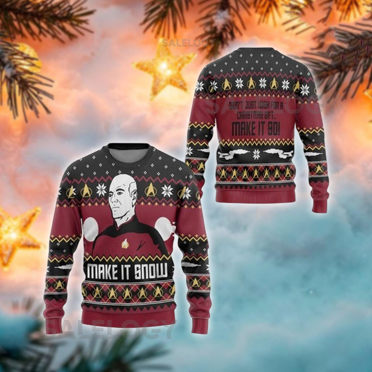 Make It Snow Captain Ugly Christmas Sweater Sci-Fi Command Xmas Jumper Space TV Show Holiday Sweatshirt For Trekkie