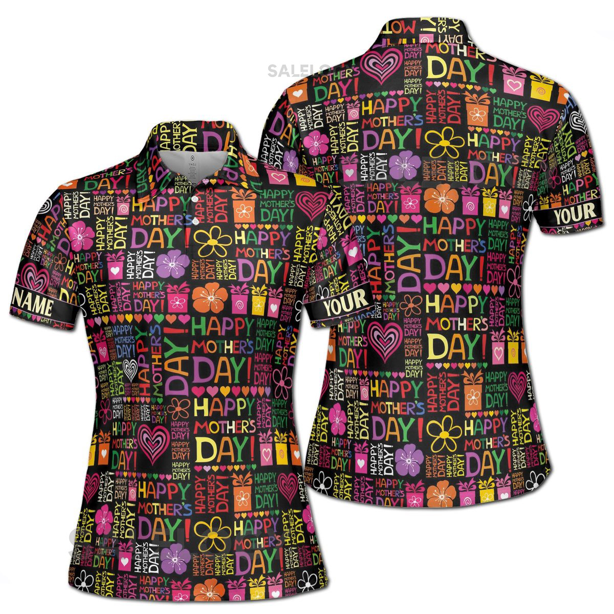 Customize Name Happy Mom Floral Heart Presents Pattern Black Colorful Women39s Polo Shirt S-5XL_294