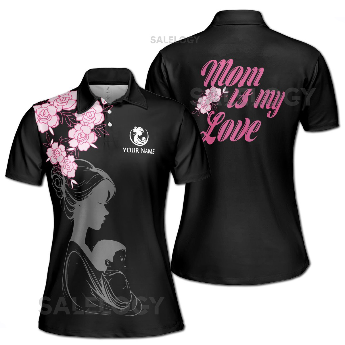 Customize Name Mom Is My Love Baby Floral Black Women39s Polo Shirt S-5XL_334