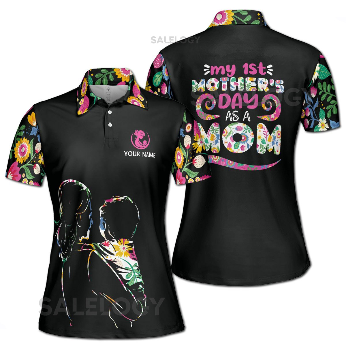 Customize Name First As A Mom Floral Pattern Black Colorful Women39s Polo Shirt S-5XL_282